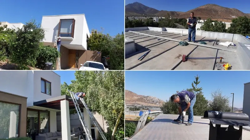 Cuatro fotografías de un proyecto de reparación de techo de zinc en Chicureo