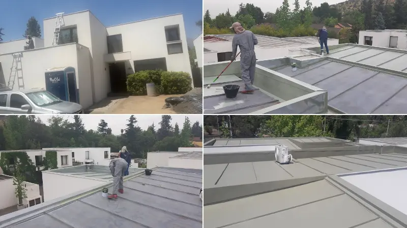 Cuatro fotografías del proceso de reparación de una cubierta de zinc en Las Condes