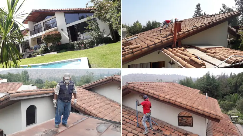Cuatro fotografías de un proyecto de reparación de techo de teja colonial en Chicureo