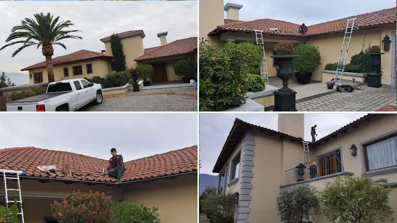 Cuatro fotografías de trabajos de reparación en un techo de teja colonial en Las Condes